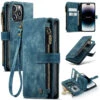 Blue CaseMe C30 Wallet Case With Zipper Folio & Wrist Strap For IPhone 14 Pro