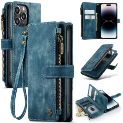 Blue CaseMe C30 Wallet Case With Zipper Folio & Wrist Strap For IPhone 14 Pro