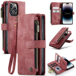 Red CaseMe C30 Wallet Case With Zipper Folio & Wrist Strap For IPhone 14 Pro