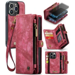 Red IPhone 14 Pro Multi-Functional 2 In 1 Zipper Purse Wallet Case