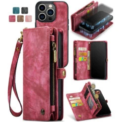 Red IPhone 14 Pro Multi-Functional 2 In 1 Zipper Purse Wallet Case -Cheap NewCase Store iphone 14 pro caseme multifunctional wallet red 3 18127.1692842931