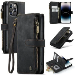 Black CaseMe C30 Wallet: Zipper Folio & Wrist Strap - IPhone 14 Pro Max