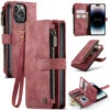 Red CaseMe C30 Wallet: Zipper Folio & Wrist Strap - IPhone 14 Pro Max