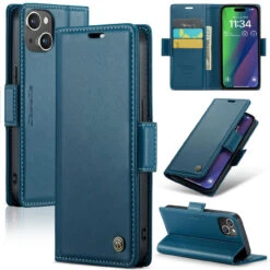 Blue Genuine CaseMe Litchi Textured Wallet Case For IPhone 15