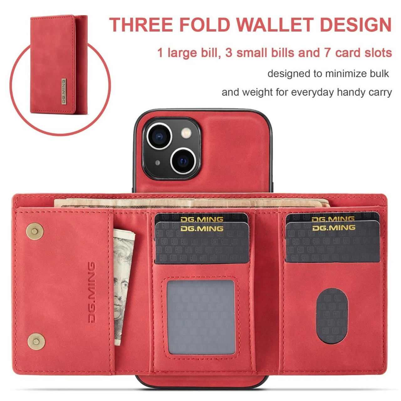 Red IPhone 15 DG.Ming M2 Series Case Removable 3 Fold Wallet 2 Red IPhone 15 DG.Ming M2 Series Case Removable 3 Fold Wallet - Image 2