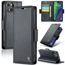 Black IPhone 15 Plus CaseMe Slim Luxury 3 Card Slot Wallet Case