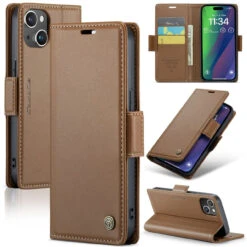 Brown IPhone 15 Plus CaseMe Slim Luxury 3 Card Slot Wallet Case