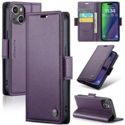 Purple IPhone 15 Plus CaseMe RFID Blocking Wallet Flip Folio Case