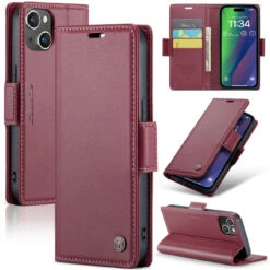 Wine Genuine CaseMe Litchi Textured Wallet Case For IPhone 15 Plus
