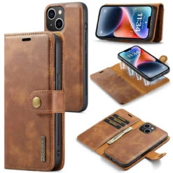 Brown IPhone 15 Plus DG.Ming Textured 3 Card 1 Cash Wallet Magnetic Case