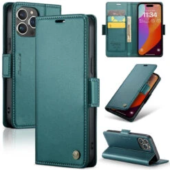 Turquoise IPhone 15 Pro Genuine CaseMe Litchi Textured Wallet Case