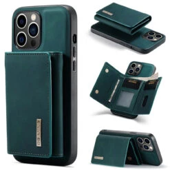 Green DG.Ming M2 Leather Case Removable Wallet Cover For IPhone 15 Pro Max
