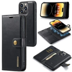 Black IPhone 15 Pro Max DG.Ming Textured 3 Card 1 Cash Wallet Magnetic Case