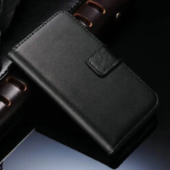 Black Genuine Leather Wallet Case For Apple IPhone 4 / 4S
