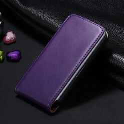 Purple Genuine Leather Flip Case For Apple IPhone 4 / 4S
