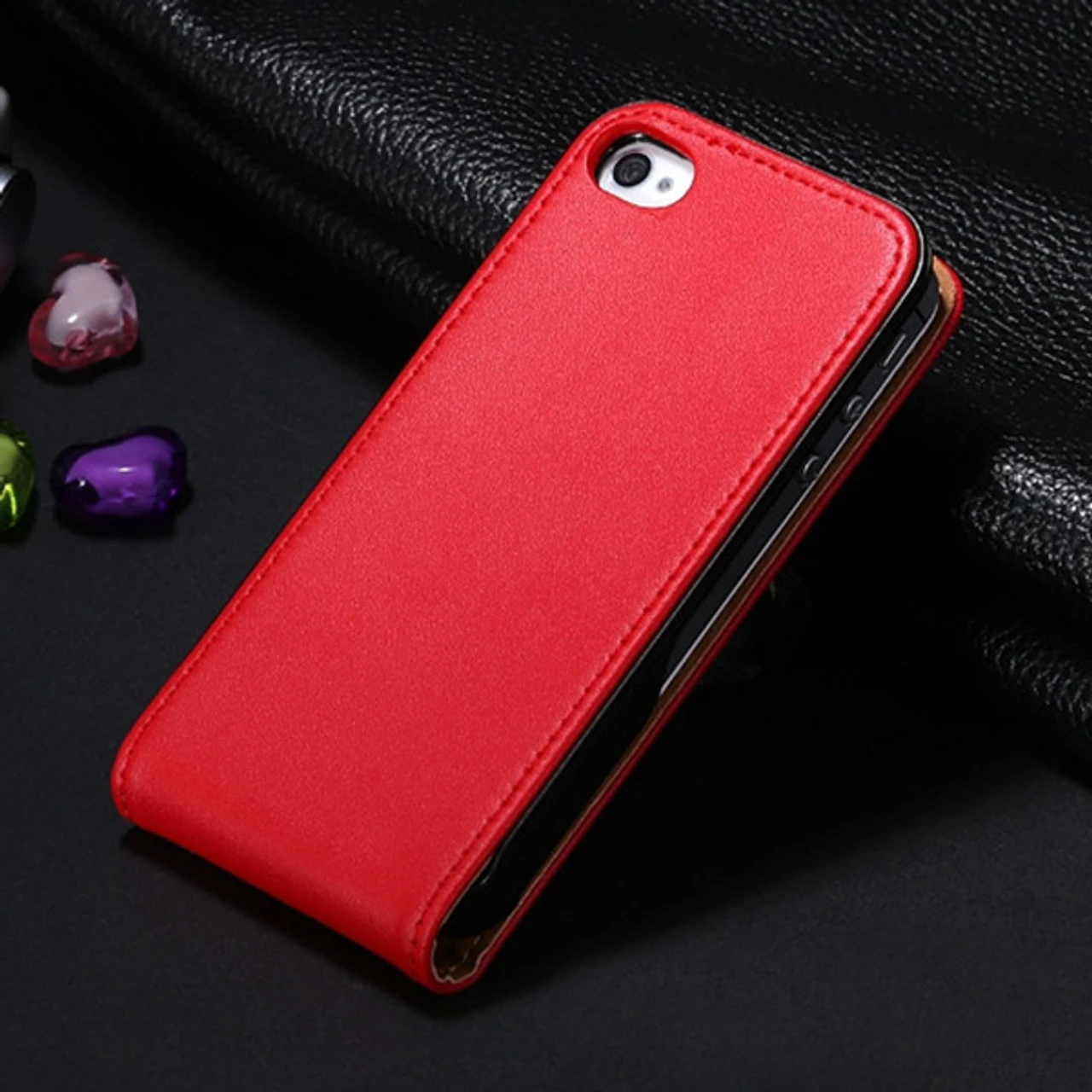 Red Genuine Leather Flip Case For Apple IPhone 4 / 4S 2 Red Genuine Leather Flip Case For Apple IPhone 4 / 4S - Image 2