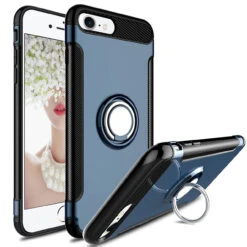 Navy Blue Shock Proof 360 Degree Ring Stand Case For IPhone 7 / 8