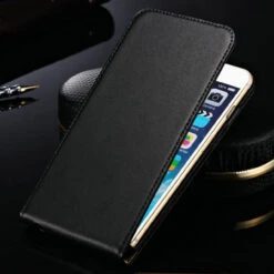 Black Genuine Leather Flip Case For Apple IPhone 6 / 6S Phone Cover