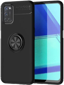 Black Oppo A52 Shock Proof Metal Circle 360 Rotating Ring Stand Case