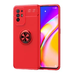 Red OPPO A94 5G Armor Metal Holder 360 Ring Stand Case
