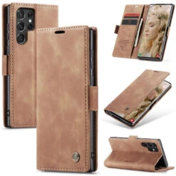 Brown CaseMe Compact Flip Magnetic Wallet Case For Samsung Galaxy S22 Ultra